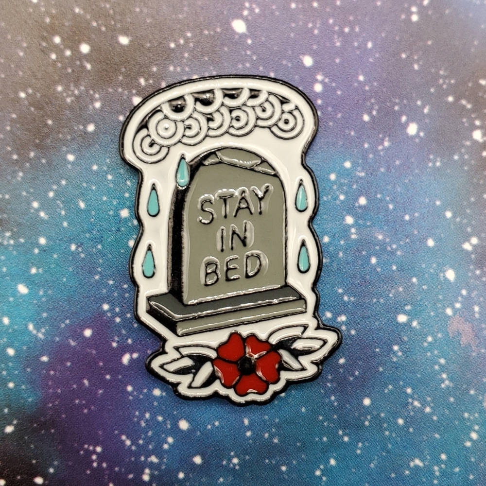 Stay In Bed Tombstone Enamel Pin